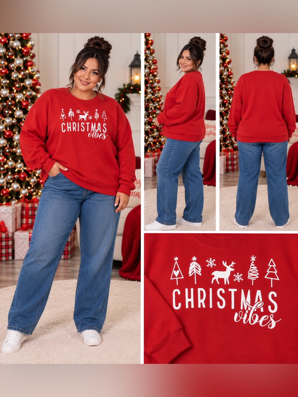 9254 - NIP Gildan 2XL Christmas Vibes Red Graphic Sweatshirt Reindeer Trees